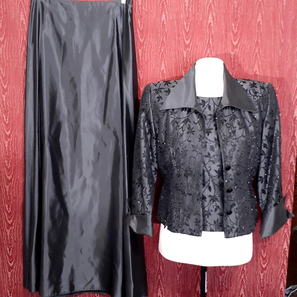J S COLLECTION PETITE 3 PIECE SKIRT SUIT WOMEN BEADED DARK GRAY EXTRA LONG SKIRT
